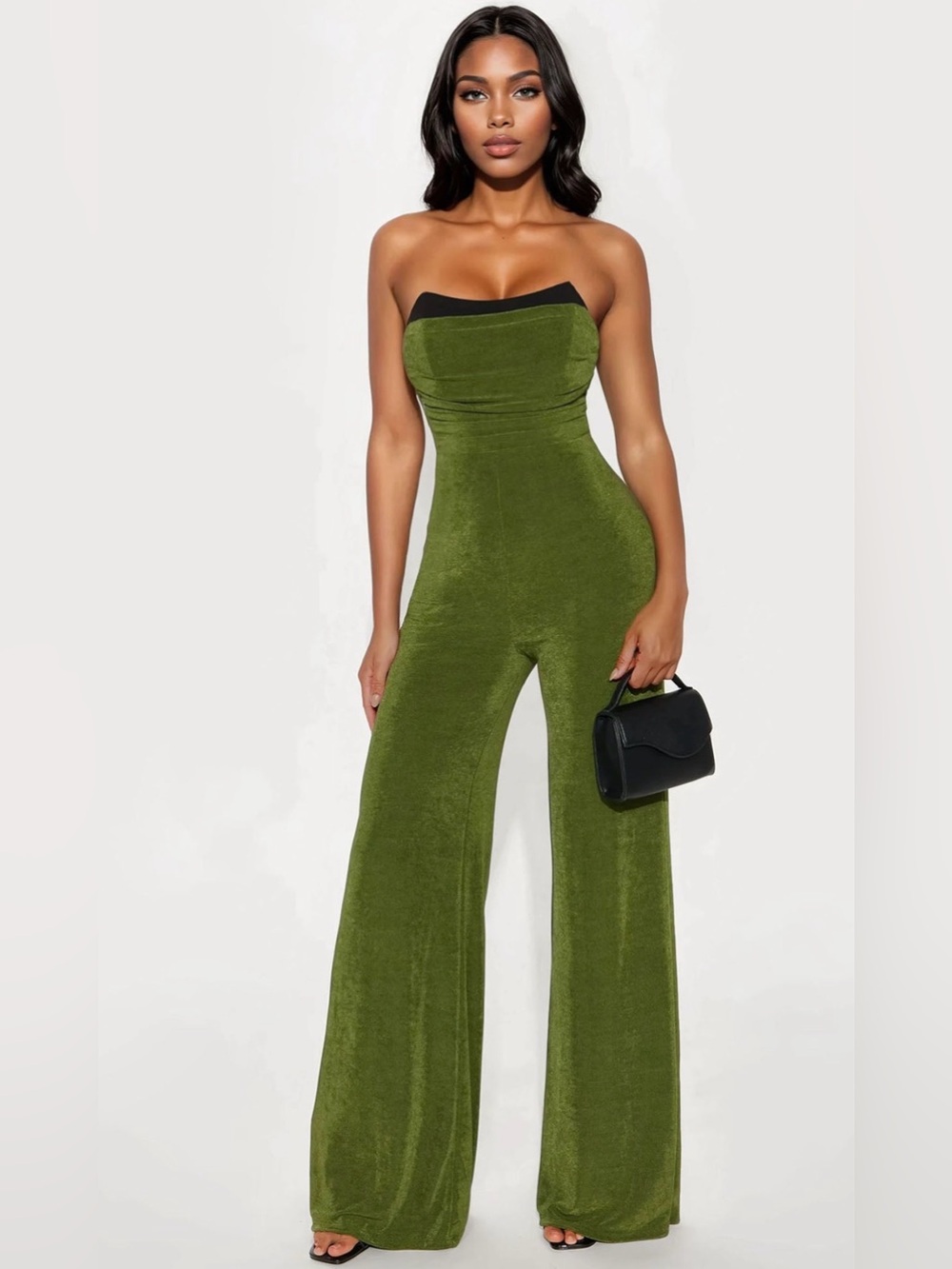 Fashion Nova Olive Green Strapless Wide-Leg Jumpsuit